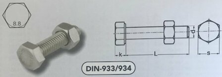 m 20x150 Zeskanttapbouten staal + moer verzinkt (933/934 8.8 VPE:25)