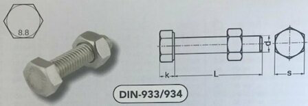 m  8x120 Zeskanttapbouten staal + moer verzinkt (933/934 8.8 VPE:100)